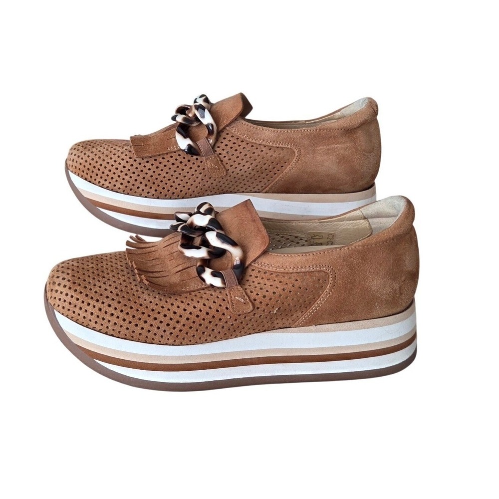Softwaves Suede Platform Loafers Fringe Kiltie Chain Tan Brown Preppy 36.5  6.5m